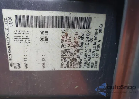 2010 Nissan Altima 2.5 S z USA, uszkodzony, nr VIN 1N4AL2AP4AC160407